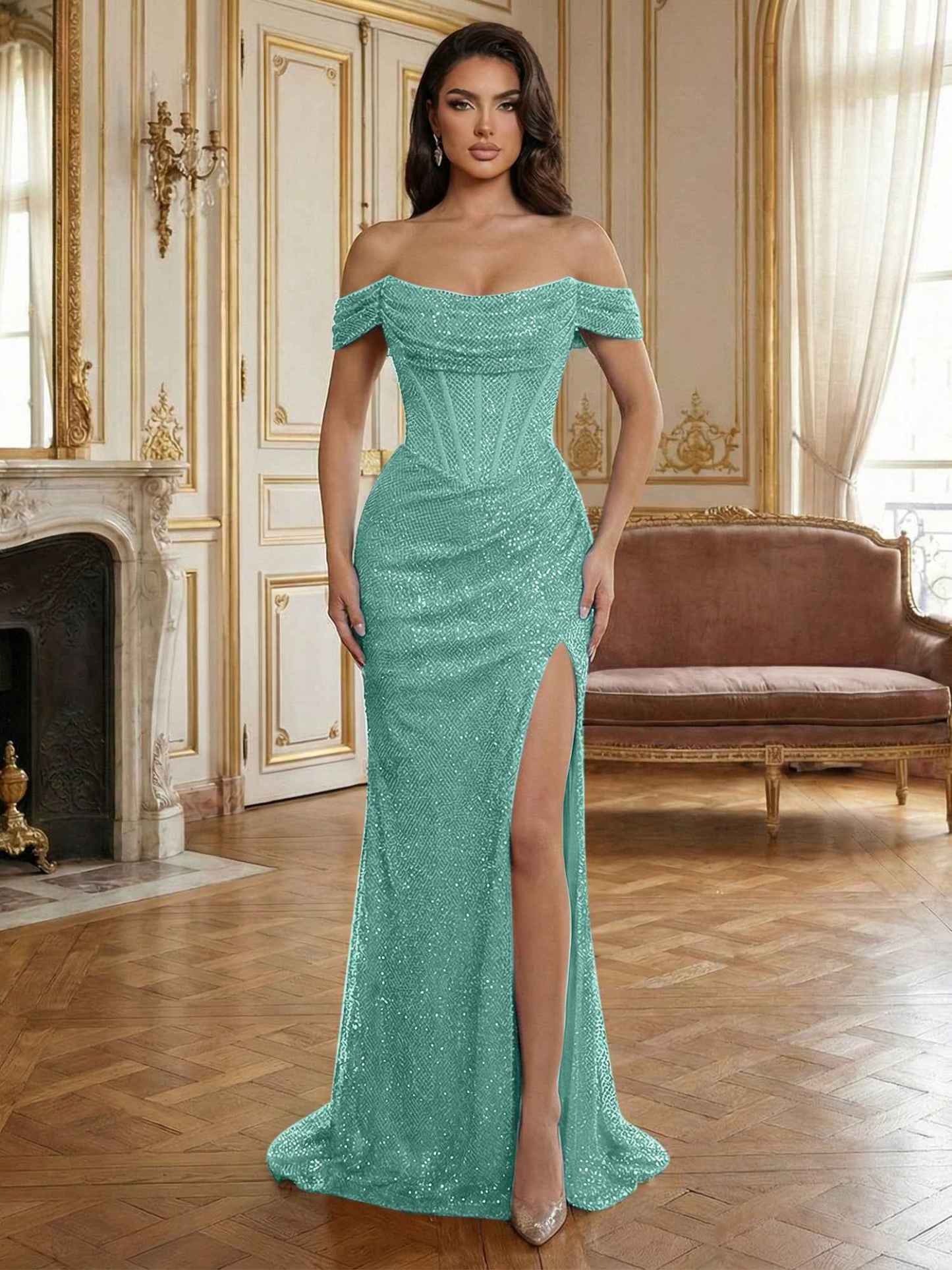 Sequin Off-the-Shoulder Corset Bodice Long Prom Dress with Slit