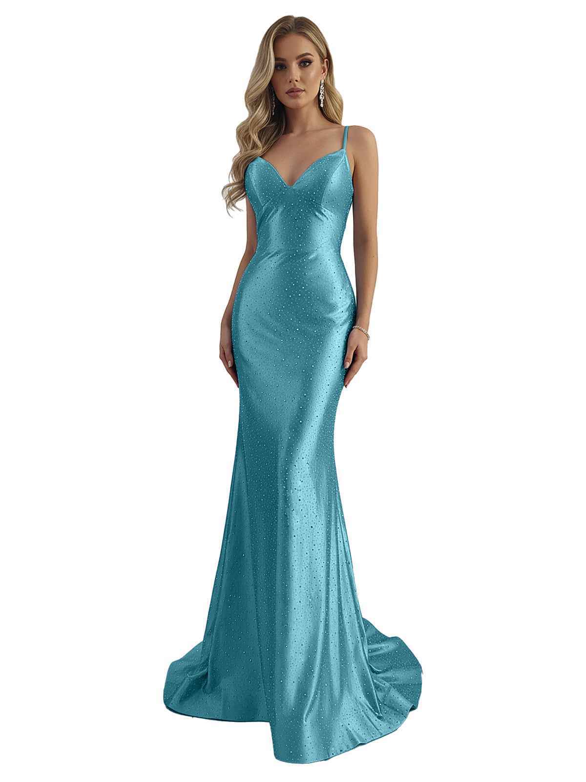 Blue Mermaid Spaghetti Straps V-Neck Rhinestone Long Prom Dress
