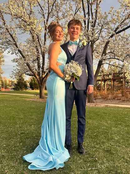 Turquoise Halter V-Neck Side Waist Cutouts Prom Dress with High Slit