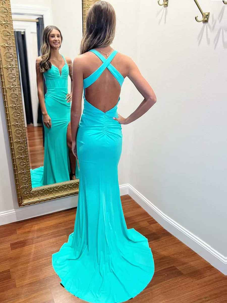 Turquoise Mermaid V-Neck Pleats Satin Long Prom Dress with Slit