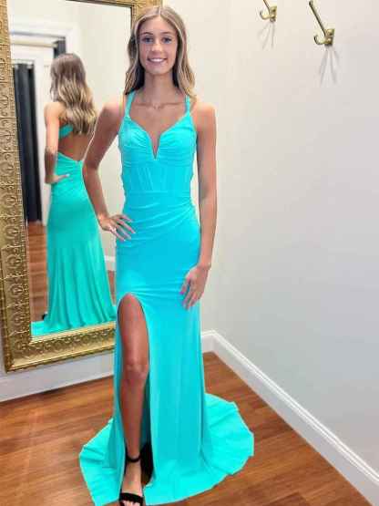 Turquoise Mermaid V-Neck Pleats Satin Long Prom Dress with Slit
