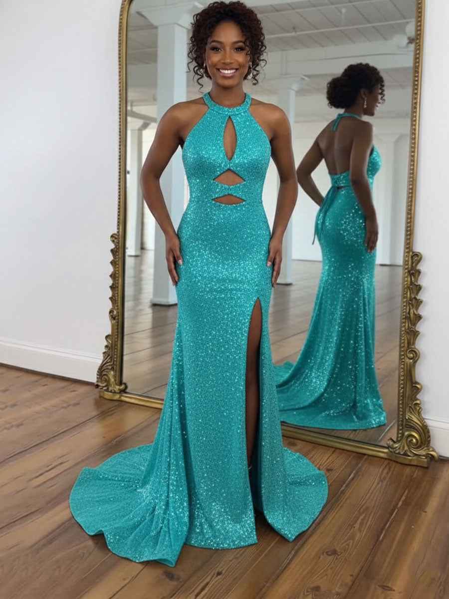 Turquoise Sequin Sheath Halter Nack Prom Dress with Slit