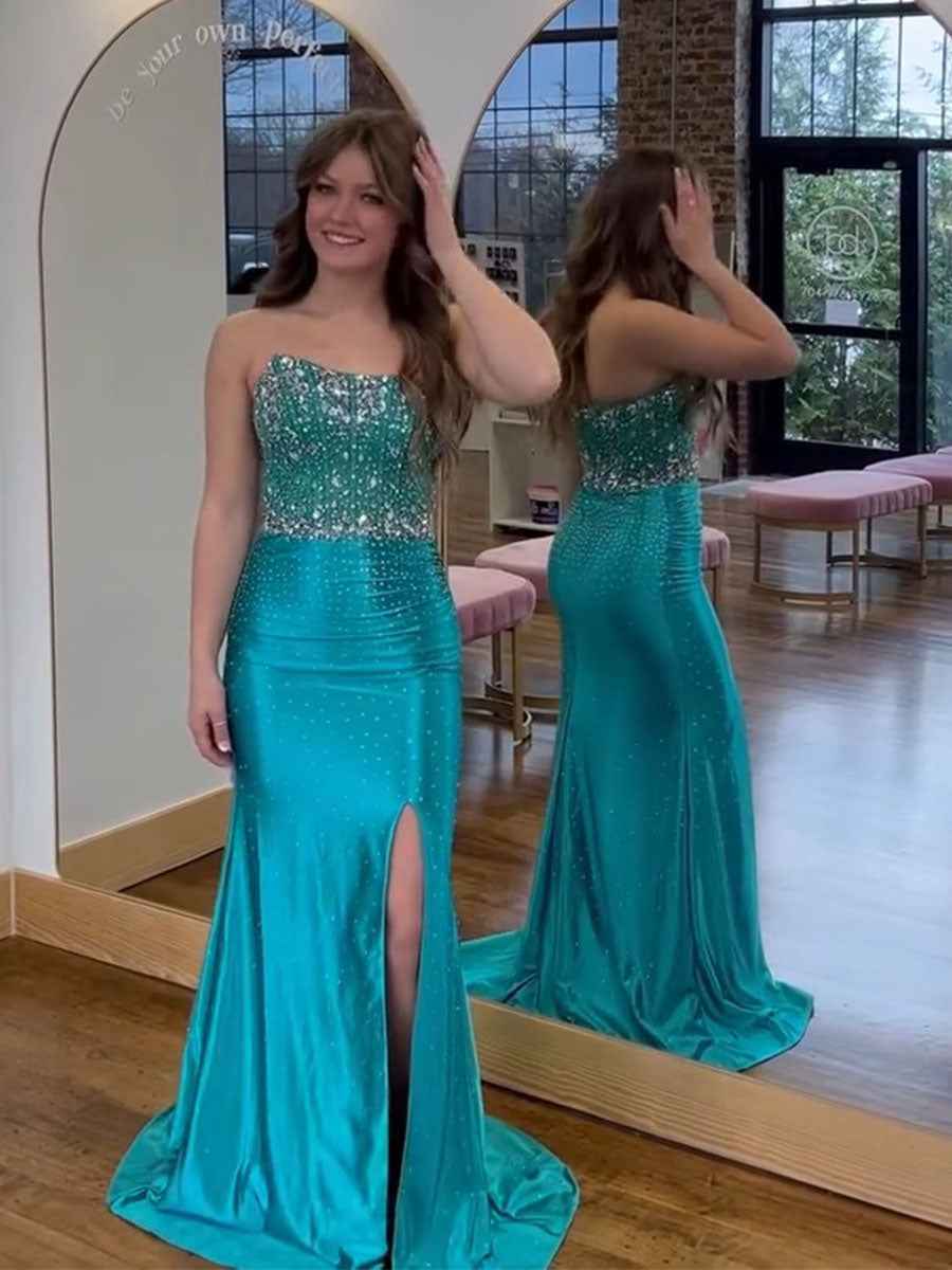 Turquoise Strapless Crystal Bodice Scattered Rhinestone Prom Dress