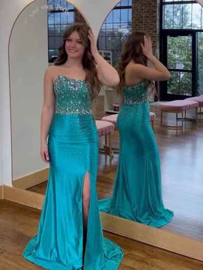 Turquoise Strapless Crystal Bodice Scattered Rhinestone Prom Dress