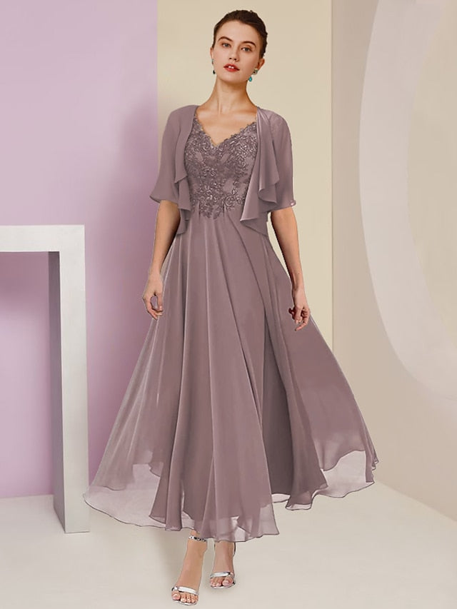V-Neck A-Line Princess Tea-Length Dresses for the Mother of the Bride