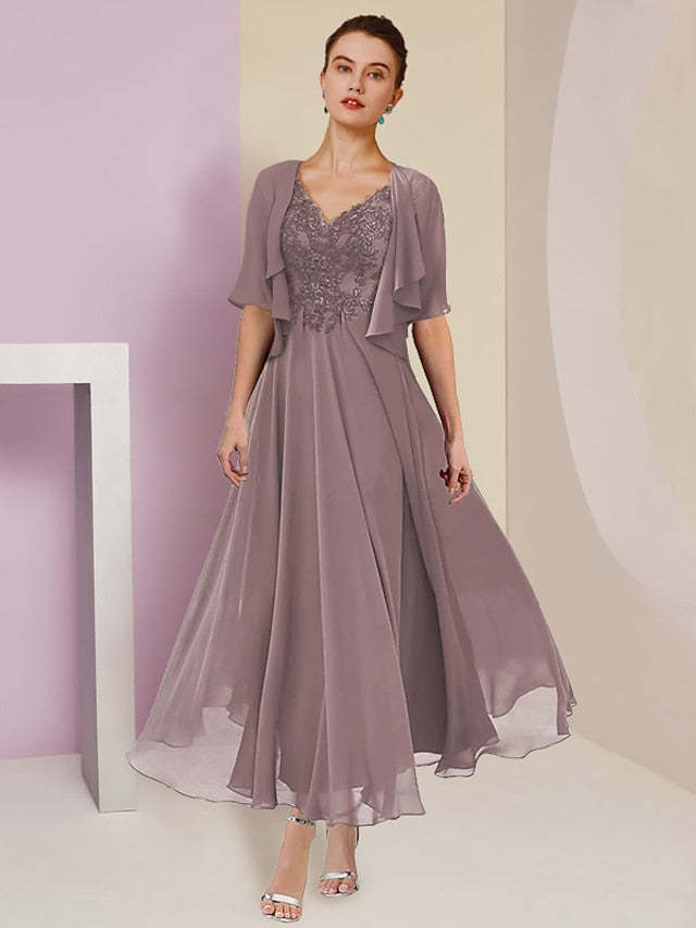 V-Neck A-Line Princess Tea-Length Dresses for the Mother of the Bride