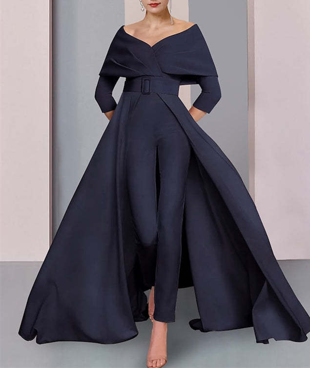 Long-Sleeve Scoop Neck Pantsuit for the Mother of the Bride Featuring a Belt