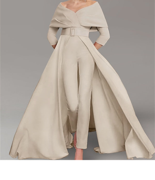 Long-Sleeve Scoop Neck Pantsuit for the Mother of the Bride Featuring a Belt
