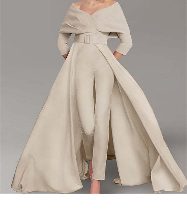 Long-Sleeve Scoop Neck Pantsuit for the Mother of the Bride Featuring a Belt