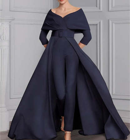 Long-Sleeve Scoop Neck Pantsuit for the Mother of the Bride Featuring a Belt