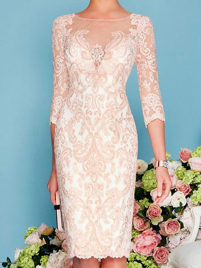 Long-Sleeve Knee-Length Sheath/Column Mother of the Bride Dress with Lace Beading Appliques