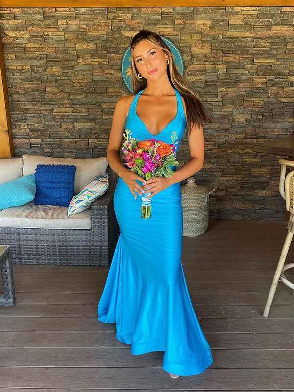 V Neck Mermaid Satin Long Prom Dress with Side Cutouts