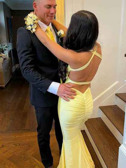 V Neck Mermaid Satin Long Prom Dress with Side Cutouts