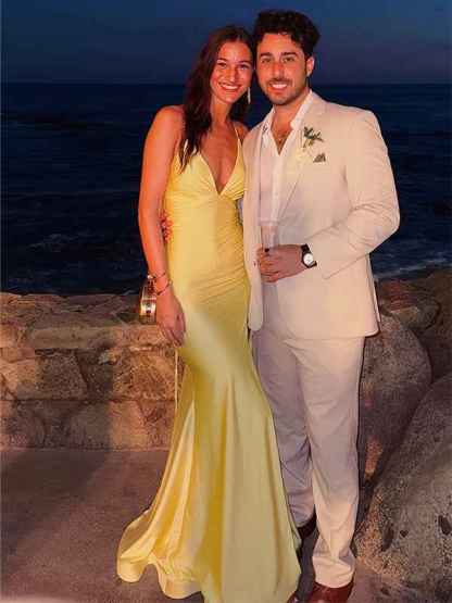 V Neck Mermaid Satin Long Prom Dress with Side Cutouts