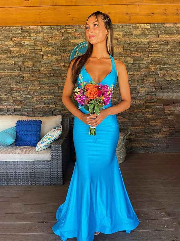 V Neck Mermaid Satin Long Prom Dress with Side Cutouts