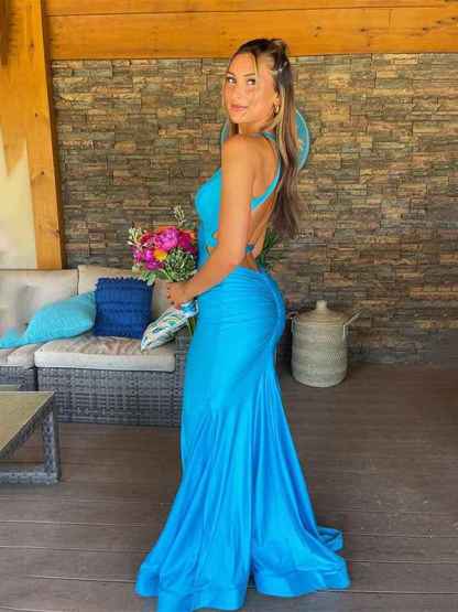 V Neck Mermaid Satin Long Prom Dress with Side Cutouts