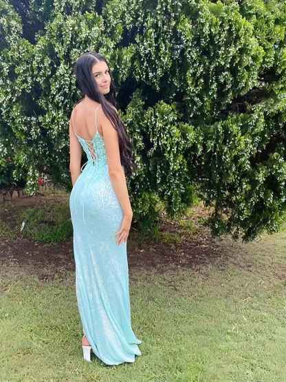 V-Neck Spaghetti Strap Long Porm Dress with Side Slit