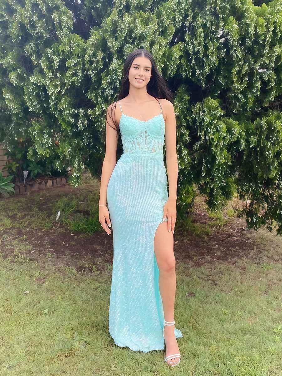 V-Neck Spaghetti Strap Long Porm Dress with Side Slit