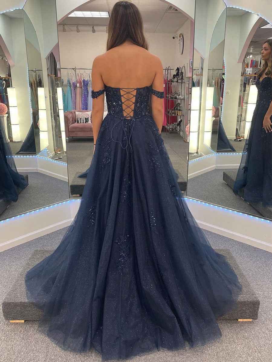 V-Neck Navy Blue Appliques Sparkle Tulle Long Prom Dress