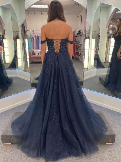 V-Neck Navy Blue Appliques Sparkle Tulle Long Prom Dress