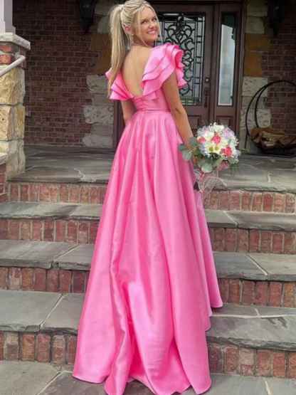 V-Neck Ruffle A-Line Long Prom Dress with Slit
