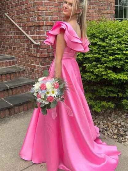 V-Neck Ruffle A-Line Long Prom Dress with Slit
