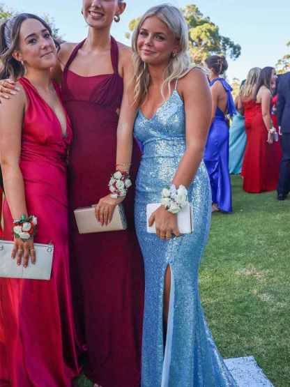 V-Neck Spaghetti Strap Sequin Long Prom Dress with Slit