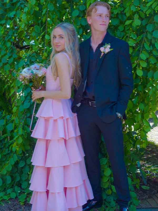 Pink A-Line V-Neck Tiered Satin Long Prom Dress