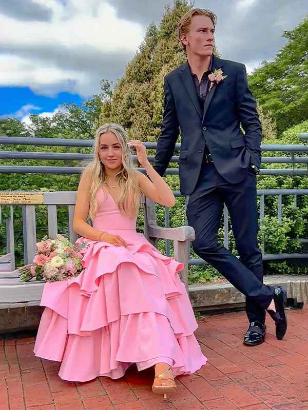 Pink A-Line V-Neck Tiered Satin Long Prom Dress