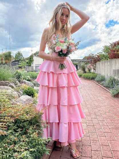 Pink A-Line V-Neck Tiered Satin Long Prom Dress