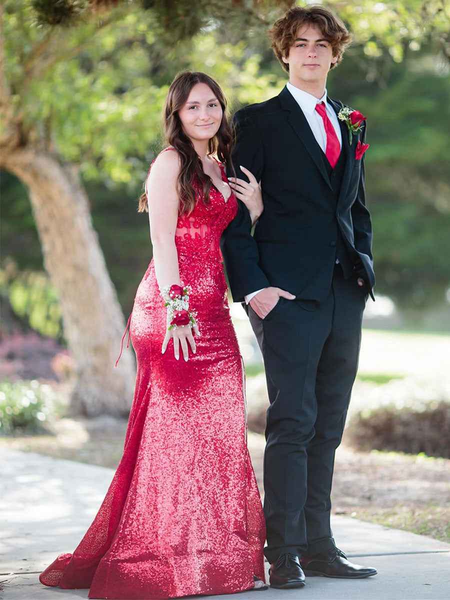 V-Neck Sequin Appliques Long Prom Dress with Slit