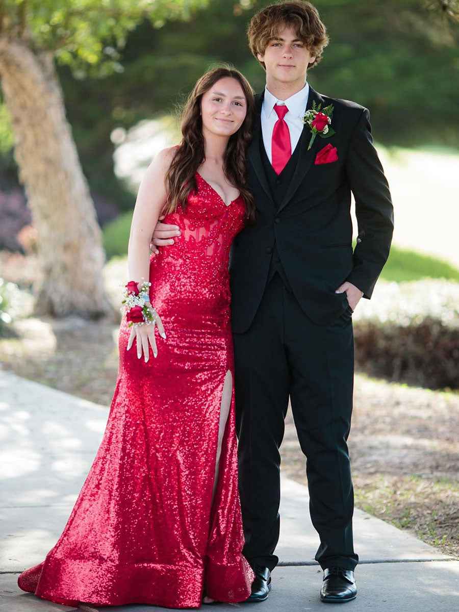 V-Neck Sequin Appliques Long Prom Dress with Slit