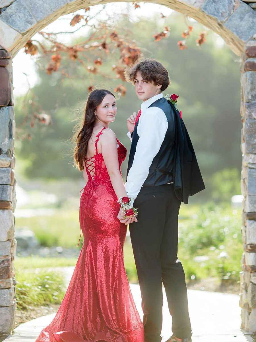 V-Neck Sequin Appliques Long Prom Dress with Slit