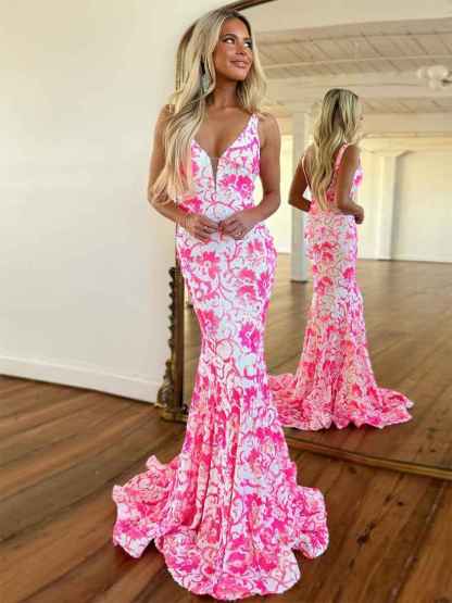 V Neck Sequin Lace Mermaid Long Prom Dress