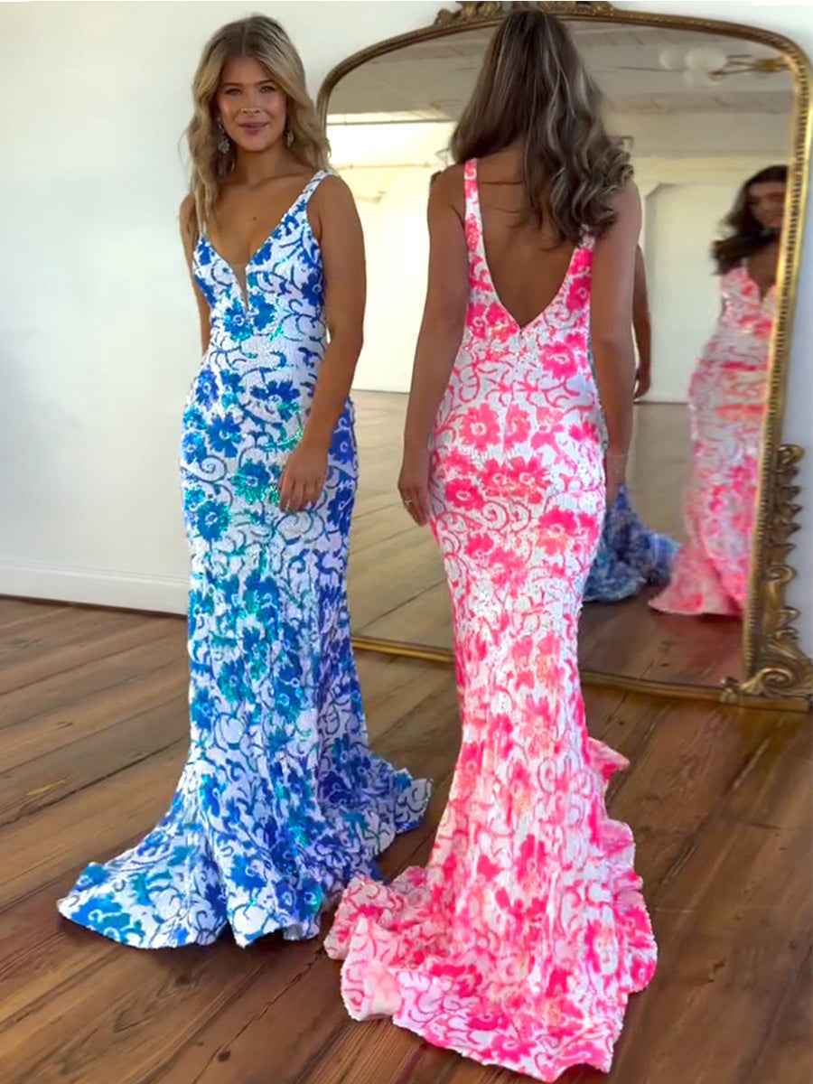 V Neck Sequin Lace Mermaid Long Prom Dress