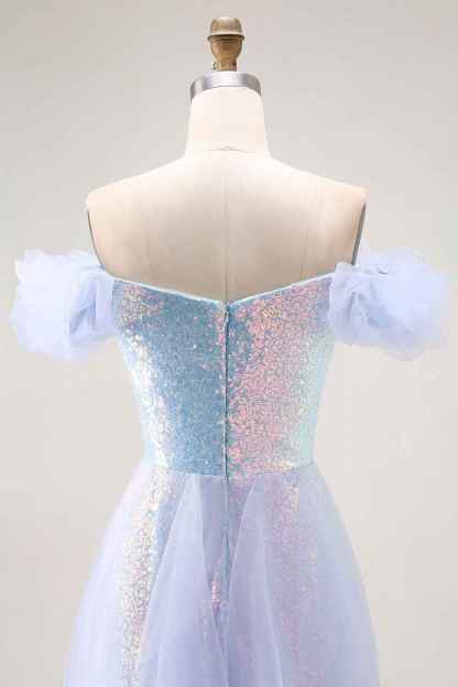 Sparkly Light Blue Off the Shoulder Sequin Long Prom Dress with Ruffles