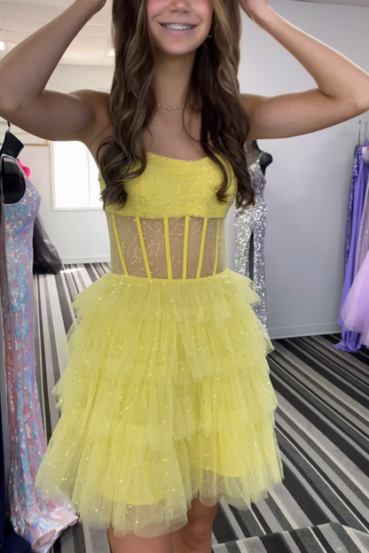 Glitter Black Corset Tiered A-Line Tulle Short Homecoming Dress