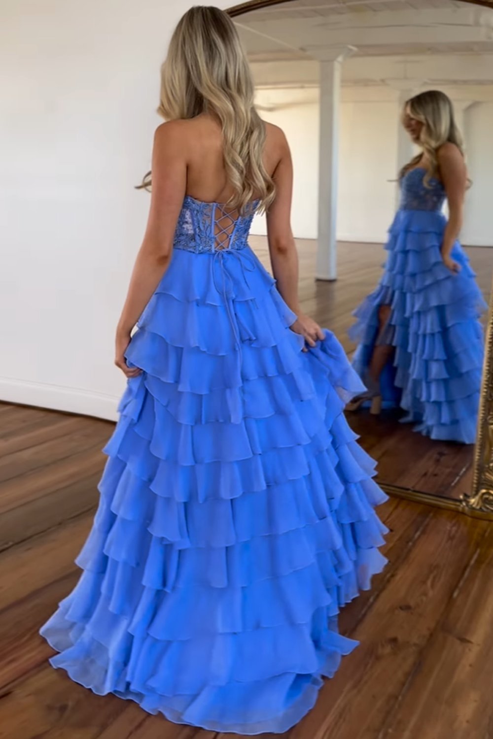 A Line Sweetheart Light Blue Long Tiered Chiffon Prom Dress with Appliques