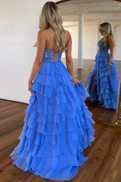 A Line Sweetheart Light Blue Long Tiered Chiffon Prom Dress with Appliques