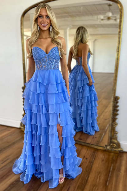 A Line Sweetheart Light Blue Long Tiered Chiffon Prom Dress with Appliques