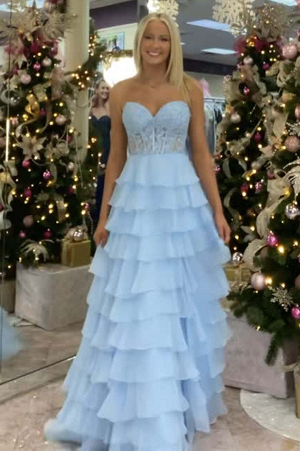 A Line Sweetheart Light Blue Long Tiered Chiffon Prom Dress with Appliques