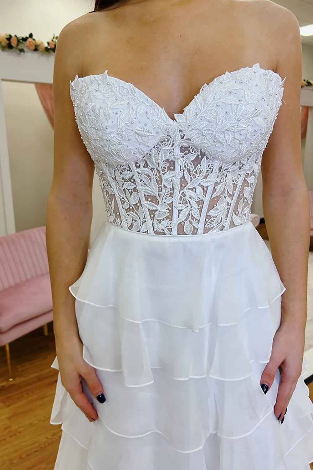 A Line Sweetheart Light Blue Long Tiered Chiffon Prom Dress with Appliques