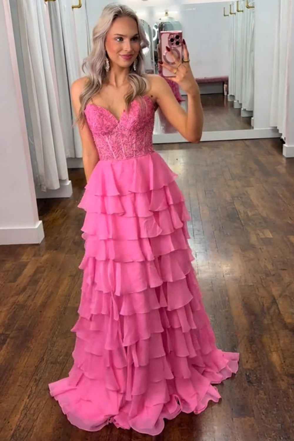 A Line Sweetheart Light Blue Long Tiered Chiffon Prom Dress with Appliques