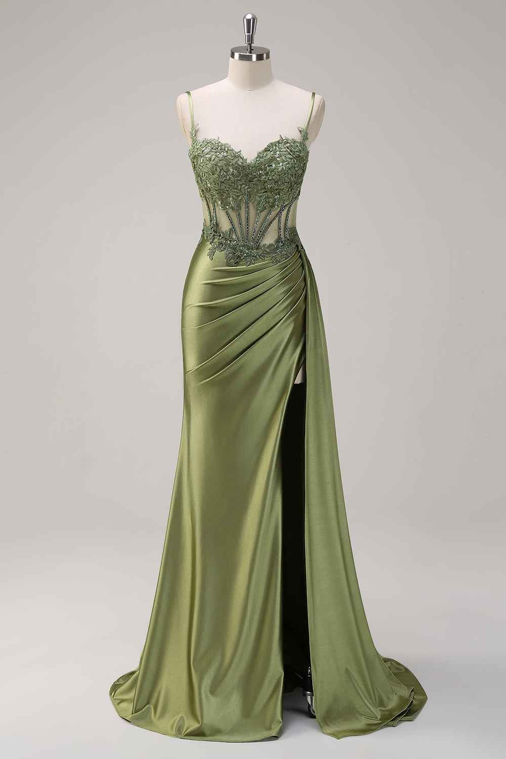 Trendy Mermaid Spaghetti Straps Silver Corset Prom Dress with Appliques