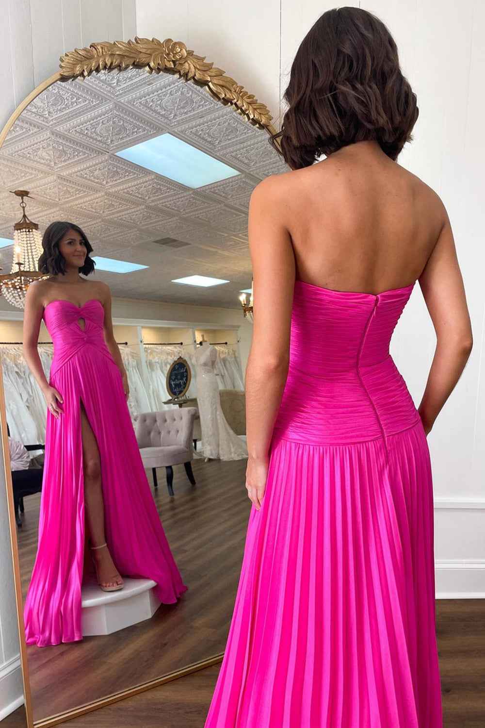Fuchsia Strapless A Line Sweetheart Keyhole Long Pleated Prom Dress with Slit