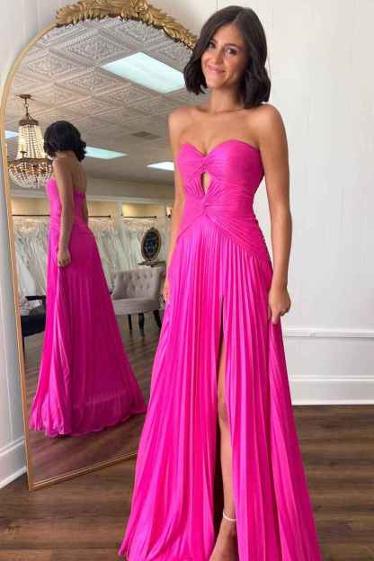 Fuchsia Strapless A Line Sweetheart Keyhole Long Pleated Prom Dress with Slit
