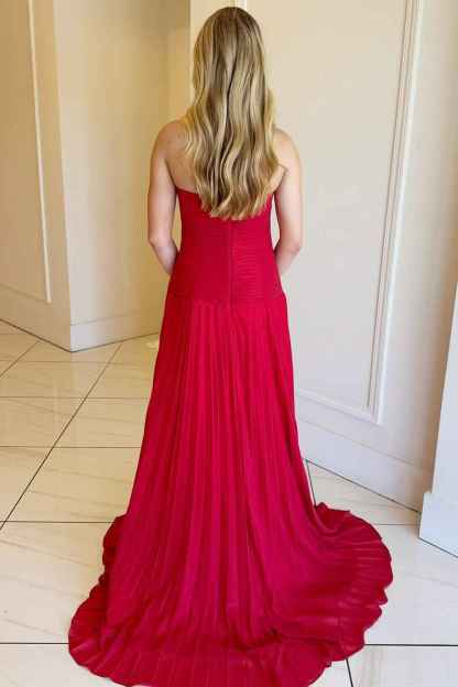 Fuchsia Strapless A Line Sweetheart Keyhole Long Pleated Prom Dress with Slit