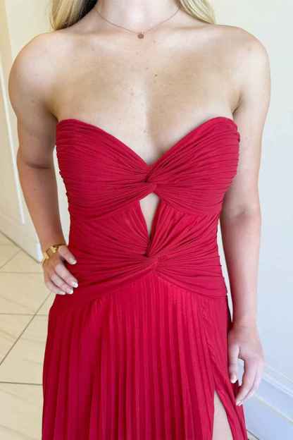 Fuchsia Strapless A Line Sweetheart Keyhole Long Pleated Prom Dress with Slit