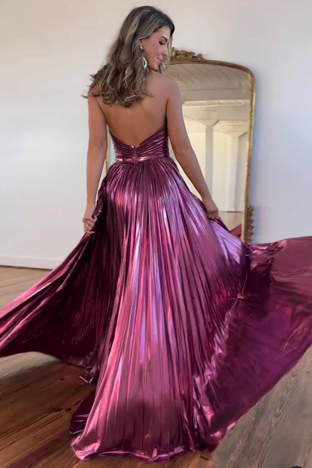 Metallic Blush Halter Neck A-Line Pleated Long Prom Dress with Slit