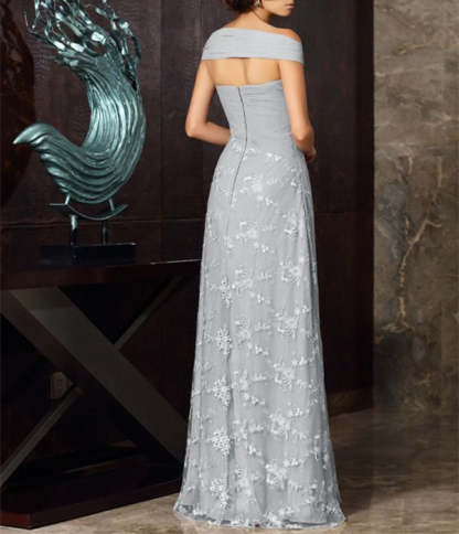 Off-The-Shoulder Short Sleeve A-Line Chiffon Mother Of The Bride Dress with Lace Appliques Tea-Length-BMbridal.UK